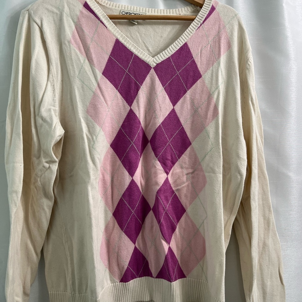 Women's Cherokee Argyle V-Neck Sweater - Cream and Pink